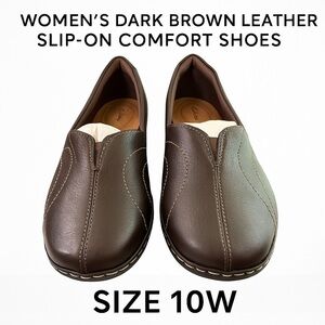 Clarks Women’s Dark Brown Leather Slip-On Comfort Shoes | Size 10W
